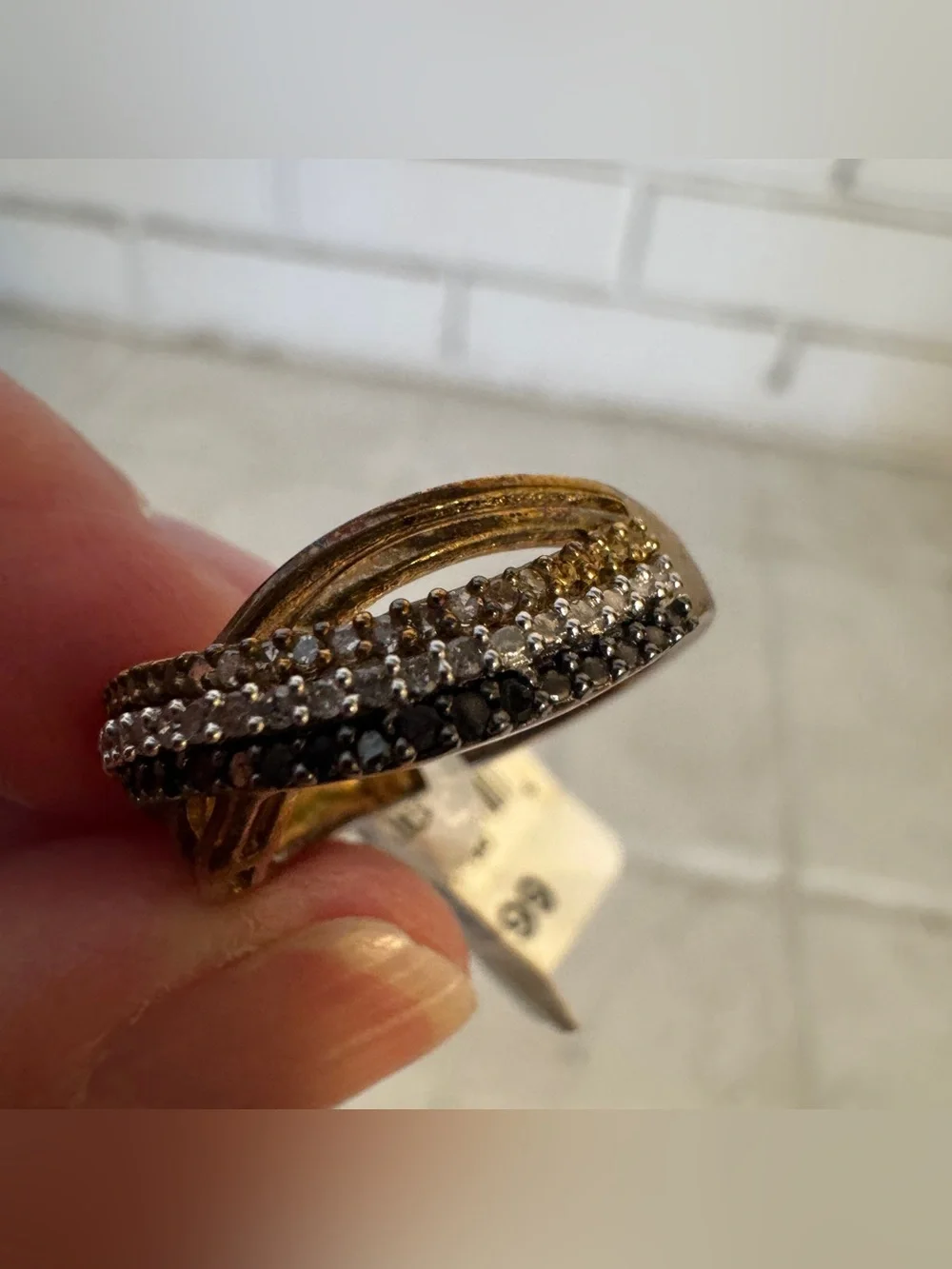 14K Gold Over Sterling Silver 1/3 CTW Brown Black White Diamond Crossover Ring